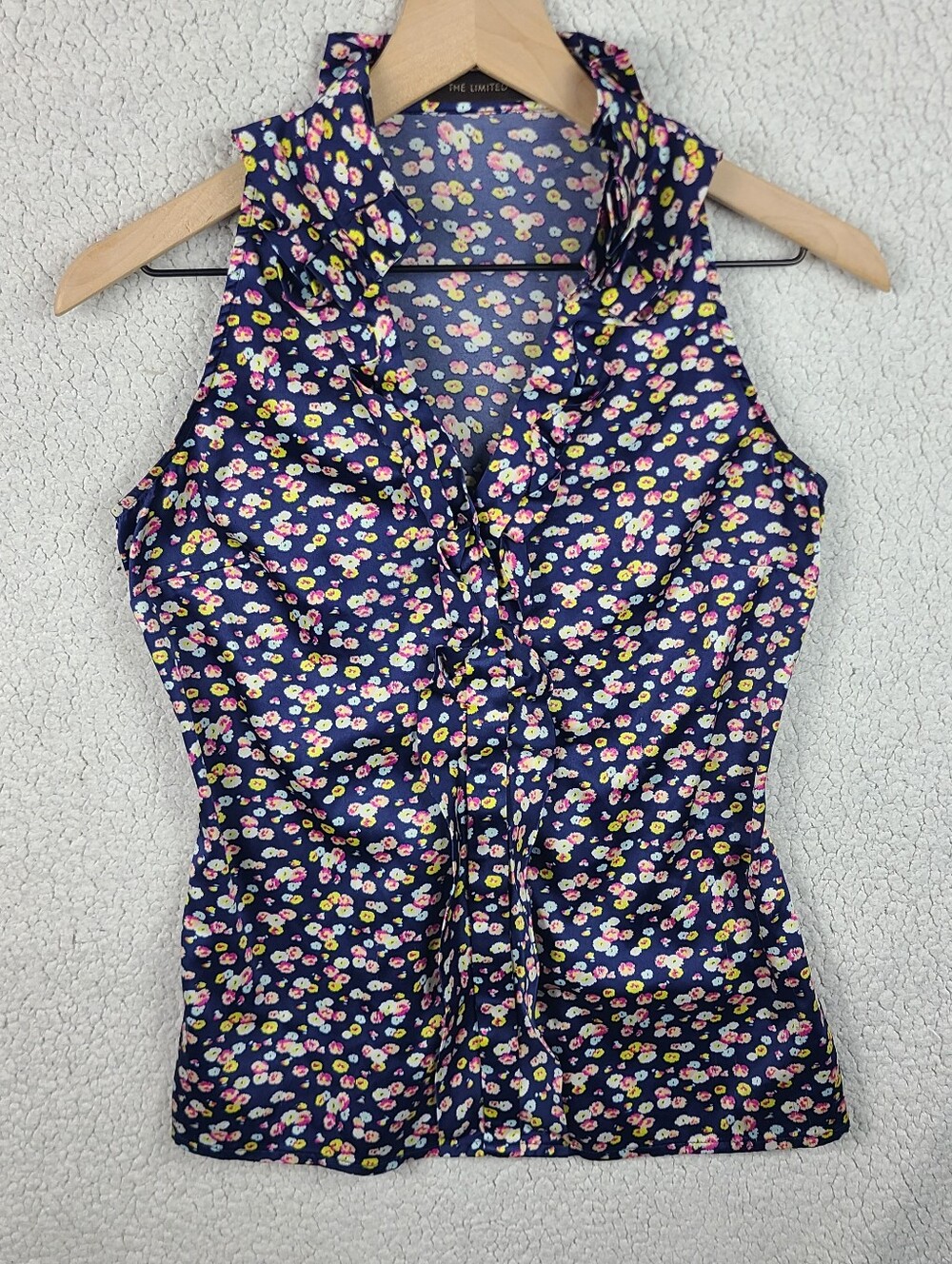 The Limited Navy Ditsy Floral Ruffle V Neck Blouse XS Sleeveless